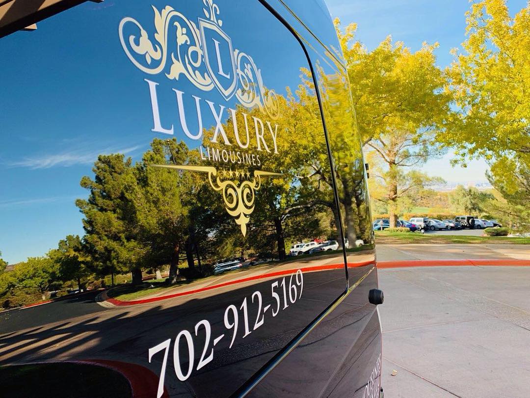 Luxury Limousines of Las Vegas branded Mercedes Sprinter close-up rear door logo in Las Vegas fleet