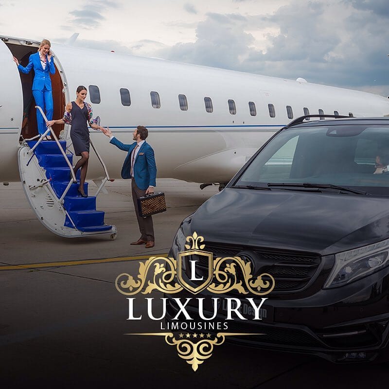 Luxury limo meets private jet on tarmac with suited chauffeur greeting passengers Las Vegas