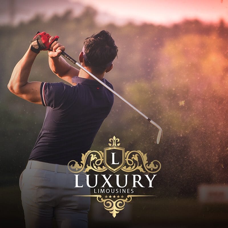 Golfer mid-swing at golden hour on Las Vegas golf course limo transportation