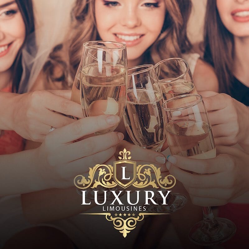Bachelorette party women in party dresses champagne toast inside Las Vegas limo
