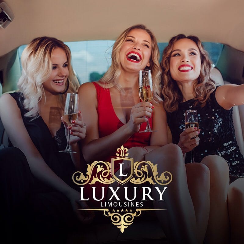 Three glamorous women laughing with champagne inside luxury limousine Las Vegas girls night out