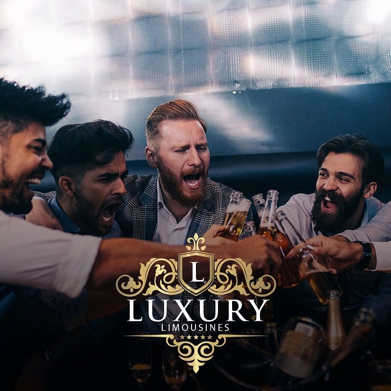 Bachelor party group of men toasting beers at Las Vegas nightclub limo night out