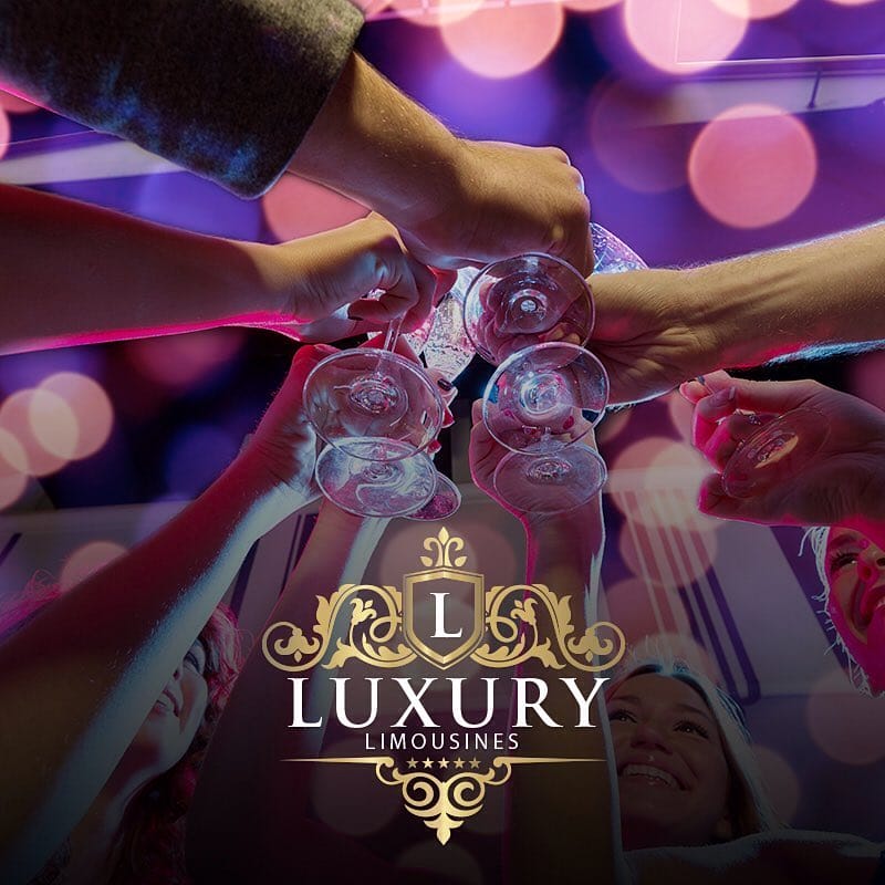 Overhead view of group toasting wine glasses under purple lights Las Vegas limo event transportation