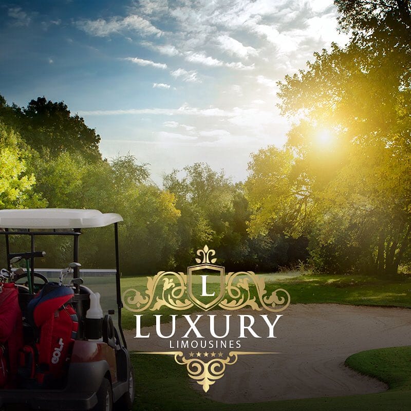 Golf cart on misty sunrise fairway Las Vegas golf outing limo transportation