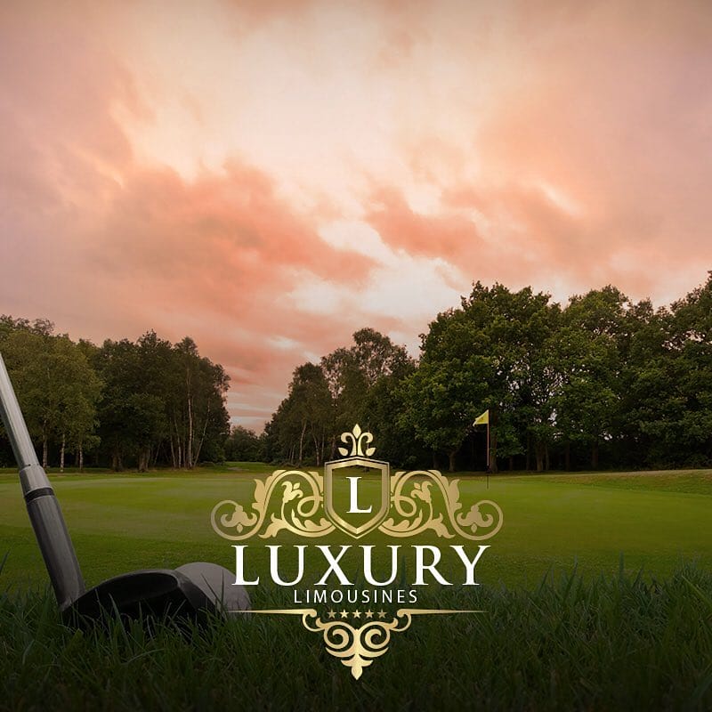 Golf flag on fairway with pink and purple sunset sky Las Vegas golf limo service