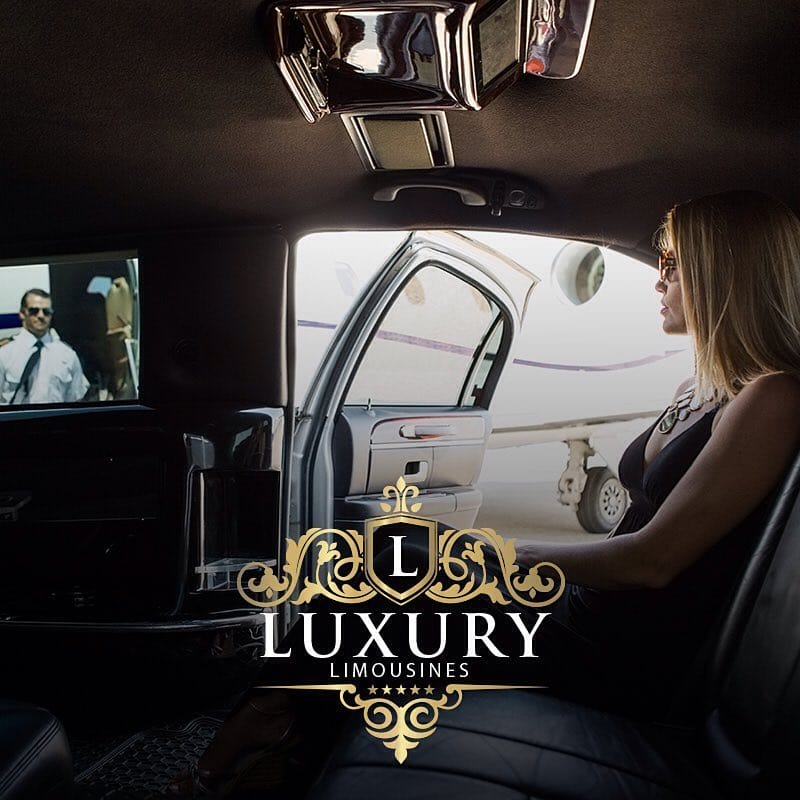 Elegant woman in limo backseat looking out at private jet and pilot on tarmac Las Vegas airport