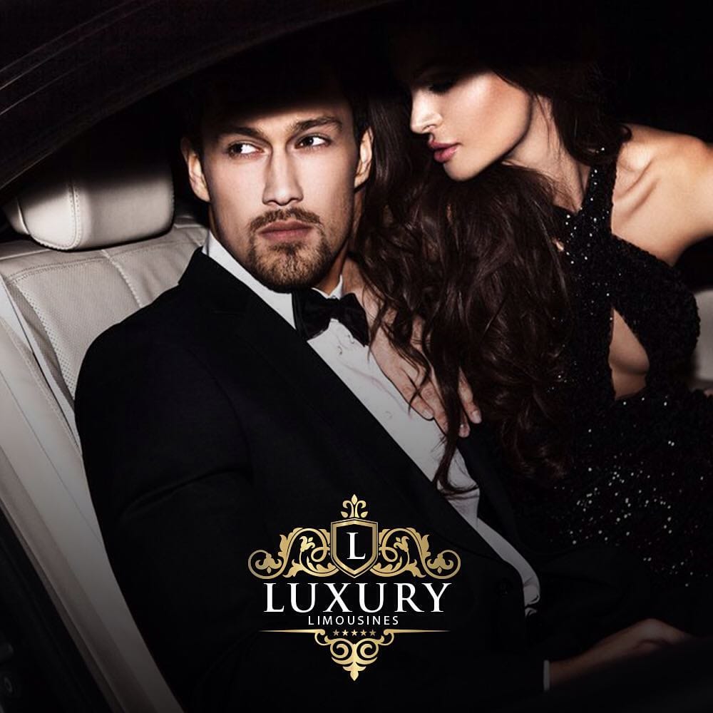 Elegant couple in formal evening wear seated in luxury limo Las Vegas wedding transportation