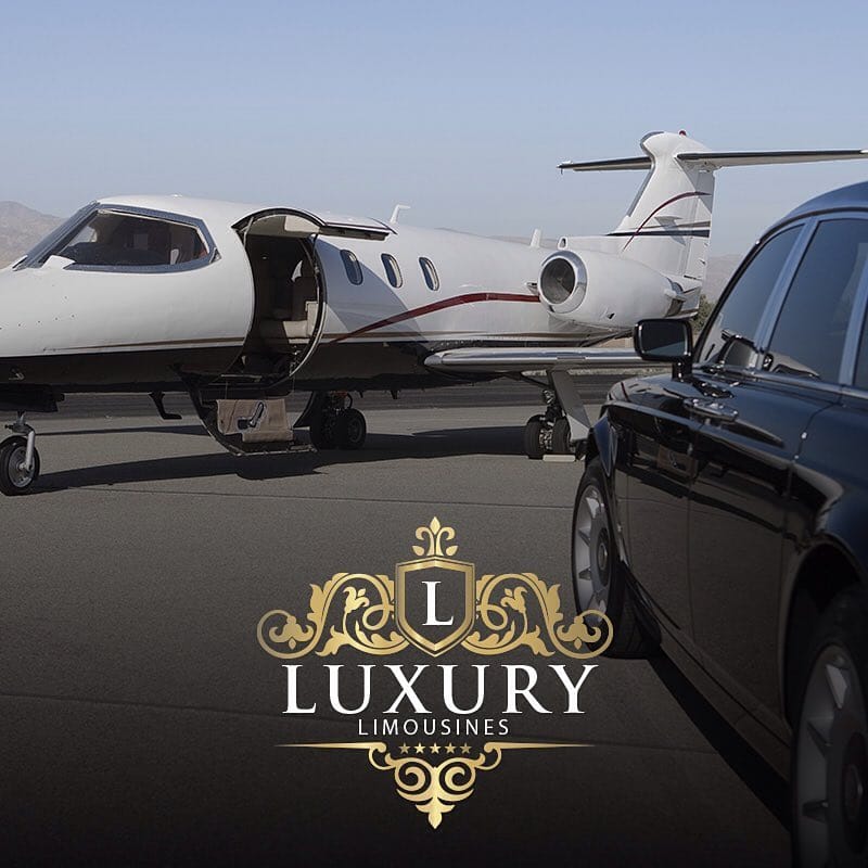 Black luxury sedan parked beside open private jet door on sunny Las Vegas airport tarmac