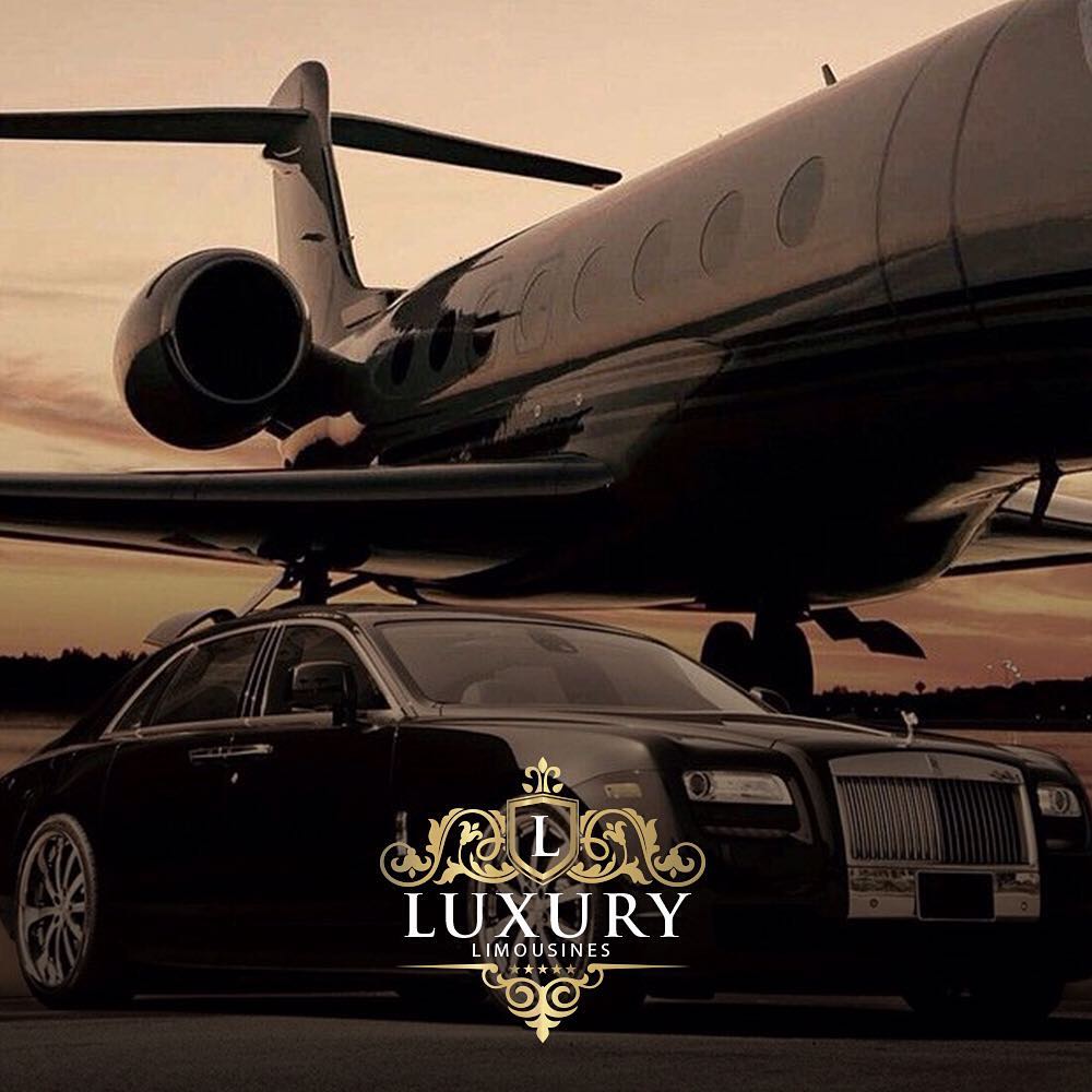 Black Rolls Royce-style luxury sedan parked beneath private jet wing at golden-hour Las Vegas tarmac