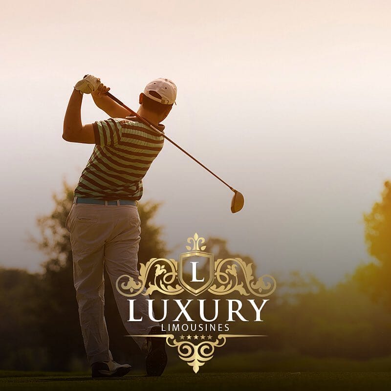 Golfer mid-swing afternoon light Las Vegas golf course limo transfer