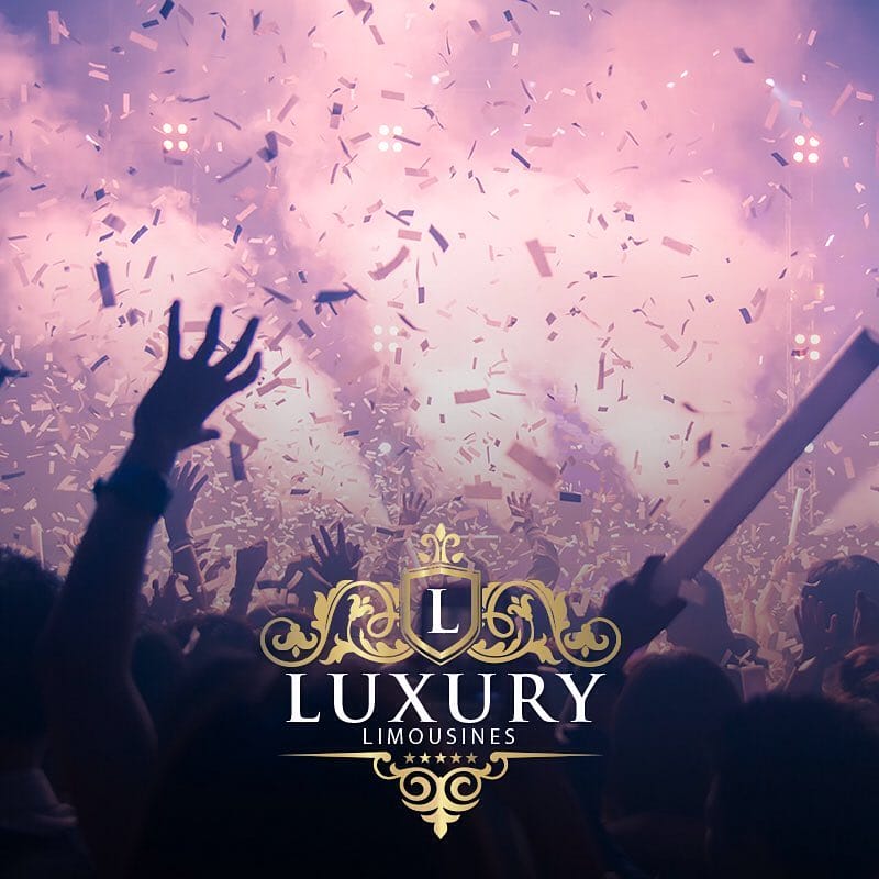 Silhouetted crowd with confetti and pink stage lights at Las Vegas nightclub party limo event